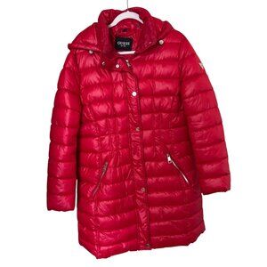 Guess Womens Red Puffer Coat With Hood Size XL Long Gorpcore